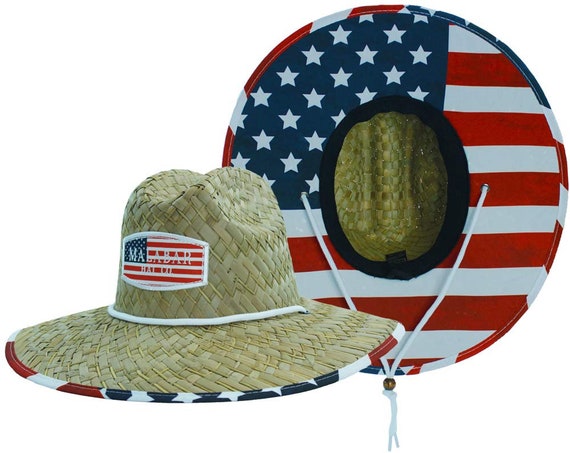 American Flag Fabric Pattern Print Straw Sunhat Men & Women, Lifeguard Hat,  Beach, Swim, Cruise, Paddle Board, Boat, Fishing, Malabar Hats 