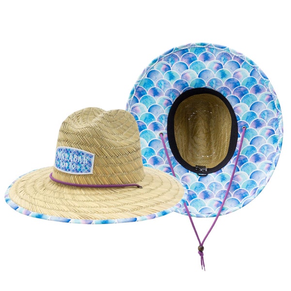 Kids Girl Straw Sunhat Mermaid Scales With Designed Fabric Under Brim For Beach, Gift, Pool, or Hanging out. Protect The Face and Shoulders