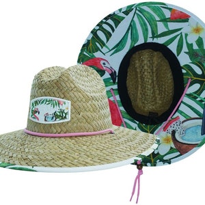 Flamingo Fabric Pattern Print Straw Sunhat Men & Women, Lifeguard Hat, Beach, Swim, Cruise, Paddle Board, Boat, Fishing, Malabar Hats