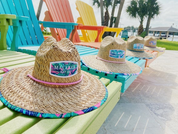 Pink Palm Fabric Pattern Print Straw Sunhat Men & Women, Lifeguard