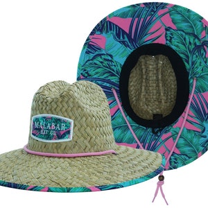Pink Palm Fabric Pattern Print Straw Sunhat Men & Women, Lifeguard Hat, Beach, Swim, Cruise, Paddle Board, Boat, Fishing, Malabar Hats