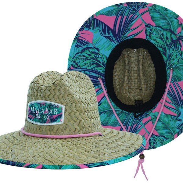 Pink Palm Fabric Pattern Print Straw Sunhat Hommes et Femmes, Chapeau de sauveteur, Plage, Natation, Croisière, Paddle Board, Bateau, Pêche, Chapeaux Malabar