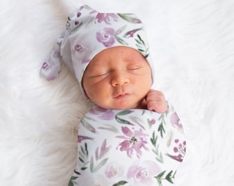 Lavender Floral Swaddle Blanket, Newborn Baby Girl Swaddle, Headband