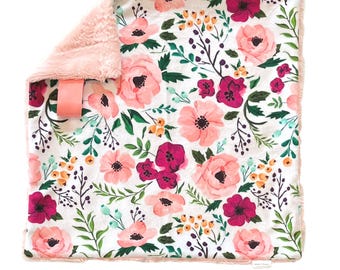 Personalized Lovey, Floral Minky Lovey Blanket.  Baby Lovies Security Blanket.  Lovey for Girls. Custom Blanket Options!