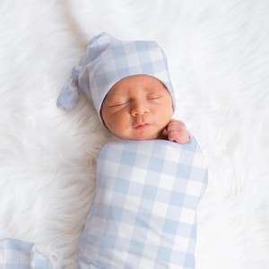 Baby Boy Swaddle Blanket Set,  Blue Gingham Check