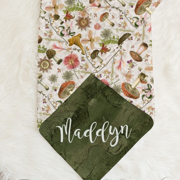 Personalized Baby Girl Blanket,  Mushroom Garden Minky Blanket, Boho Floral Baby Blanket