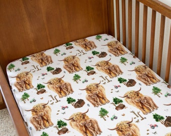 Highland Cow Crib Sheet for Baby Boy.  Highland Cow Nursery