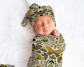 Botanical Swaddle Blanket, Bee & Butterfly Newborn Swaddle Wrap, Boho Folk Art, Mushroom Baby Blanket, Beanie