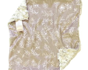 Lovey Blanket,  Wildflowers Lovey for Babies, Security Blanket, Personalized Baby Gift, Taupe Minky Lovie