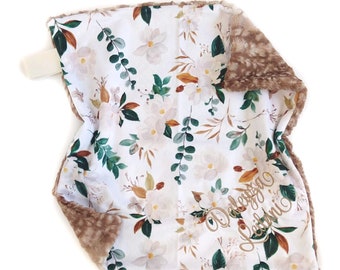 Personalized Baby Blanket or Lovey, Magnolia Floral Minky Blanket.