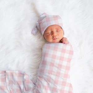 Baby Girl Swaddle Blanket, Pink Swaddle with Beanie, Pink Gingham Check with Headband