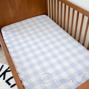 Blue Gingham Crib Sheet, Baby Boy Bedding, Minimalist Crib Sheet, Calming, Mini Crib Sheet
