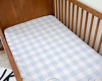 Blue Gingham Crib Sheet, Baby Boy Bedding, Minimalist Crib Sheet, Calming, Mini Crib Sheet