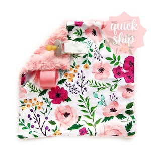 Minky Pacifier Blanket.  Floral Lovey Blanket with Pacifier attachment.