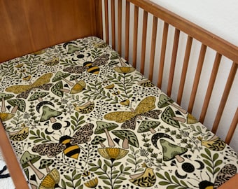 Botanical Crib Sheet: Moths, Bees, Mushrooms, Moons Organic Cotton Sateen