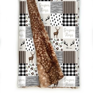 Personalized Rustic Buck Minky Baby Blanket.  Fawn Baby Deer Blanket,  Faux Patchwork Minky Quilt, Designer Baby Gift, Baby Name Blanket