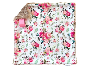 Lovey Blanket, Boho Floral Lovey for Babies,  Minky Baby Lovie security blanket for baby girl gift.