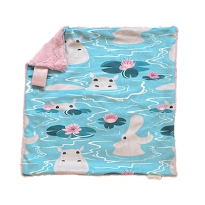 Hippo Lovey Blanket, Minky Lovey with Water Lily, Personalized Lovie Blanket