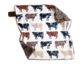 Cow Lovey Blanket, Personalized Farm Minky Blanket,  Baby Boy Lovie, Baby Shower Gift