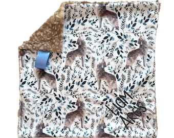Wolf Minky Lovey Blanket, Baby Security Blanket, Custom Embroidery