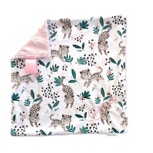 Pink Cheetah Lovey Blanket, Minky Lovey for Babies, Tag Blanket, Security Blanket Lovy for Girls.  Add a Name, Personalized Gift