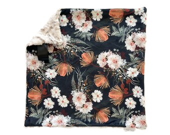 Dark Floral Lovey Security Blanket, Boho Minky Baby Blanket, Vintage Botanical Baby Gift