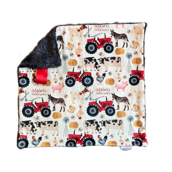 Farmer Boy Red Tractor Lovey Blanket, Minky Security Blanket, Farm Animals Lovey