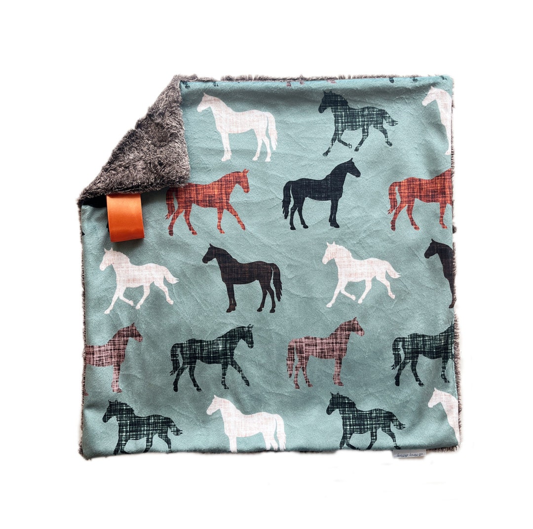 Lovey Blanket, Horses Lovey for Babies, Security Blanket, Personalized Baby Gift, Sage Lovey