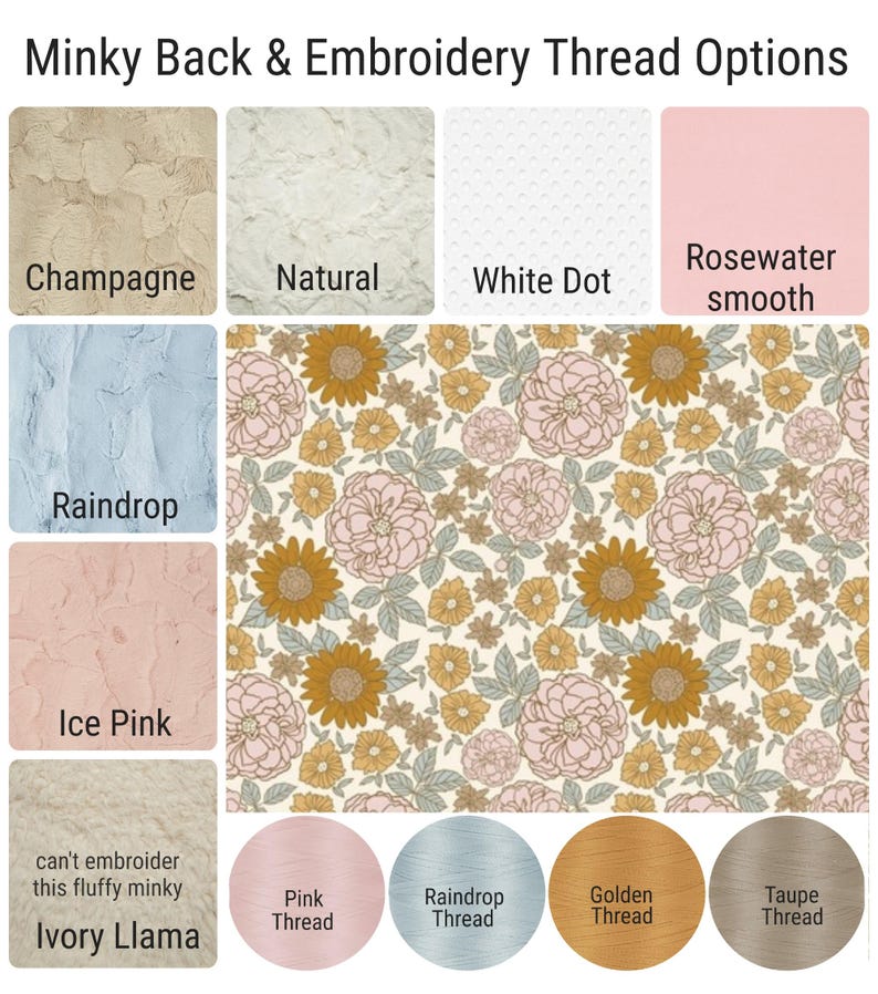 May include: A chart titled Minky Back & Embroidery Thread Options displaying fabric swatches in Champagne, Natural, White Dot, Rosewater smooth, Raindrop, Ice Pink, and Ivory Llama, alongside a floral pattern and four embroidery thread colors.