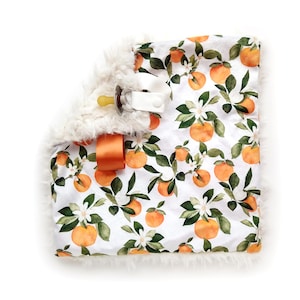 Oranges Pacifier Blanket, Orange Blossom Lovey, Baby Shower Gift, Soft Binky Holder