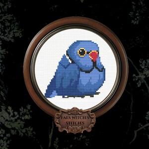Può includere: Una cornice circolare in legno contenente un ricamo a punto croce di un uccello blu con becco rosso e occhi gialli. La cornice presenta una placca decorativa ornata marrone scuro con il testo Faes Witches Stitches inciso in basso.
