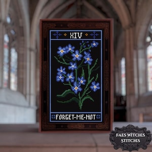 May include: A framed cross-stitch featuring blue forget-me-nots on a black background. The artwork includes the Roman numeral XIV and the words "FORGET-ME-NOT". The frame is dark brown with decorative detailing. The artist's logo is in the lower right corner.