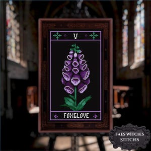 May include: A framed cross-stitch featuring a purple foxglove flower on a black background. The design includes the word "FOXGLOVE" and the Roman numeral "V". The frame is dark brown with decorative edges. The artwork is from "FAES WITCHES STITCHES".