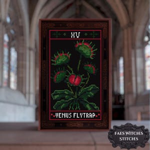 May include: A framed cross-stitch featuring a Venus Flytrap design. The artwork has a black background with green and red flytraps, green leaves, and the text "VENUS FLYTRAP". The top of the frame reads "XV". The frame is brown with decorative edges.