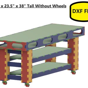 May include: A multi-colored, three-tiered shelf unit with a rectangular top and two shelves. The unit is 72 inches long, 23.5 inches wide, and 38 inches tall without wheels. The unit has a green top and shelves, with blue, red, and yellow accents. The text "DXF FILE" is in a yellow oval.