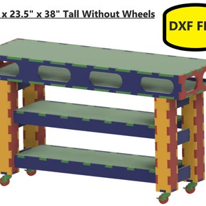 May include: A 72" x 23.5" x 38" tall, multi-colored wooden workbench with three shelves and four wheels. The workbench is made of plywood and has a green top, blue shelves, and yellow and red legs. The text "DXF FILE" is in a yellow oval on the right side of the image.
