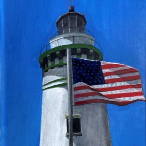 11 by 14 Original Oil Painting, American Flag, light house