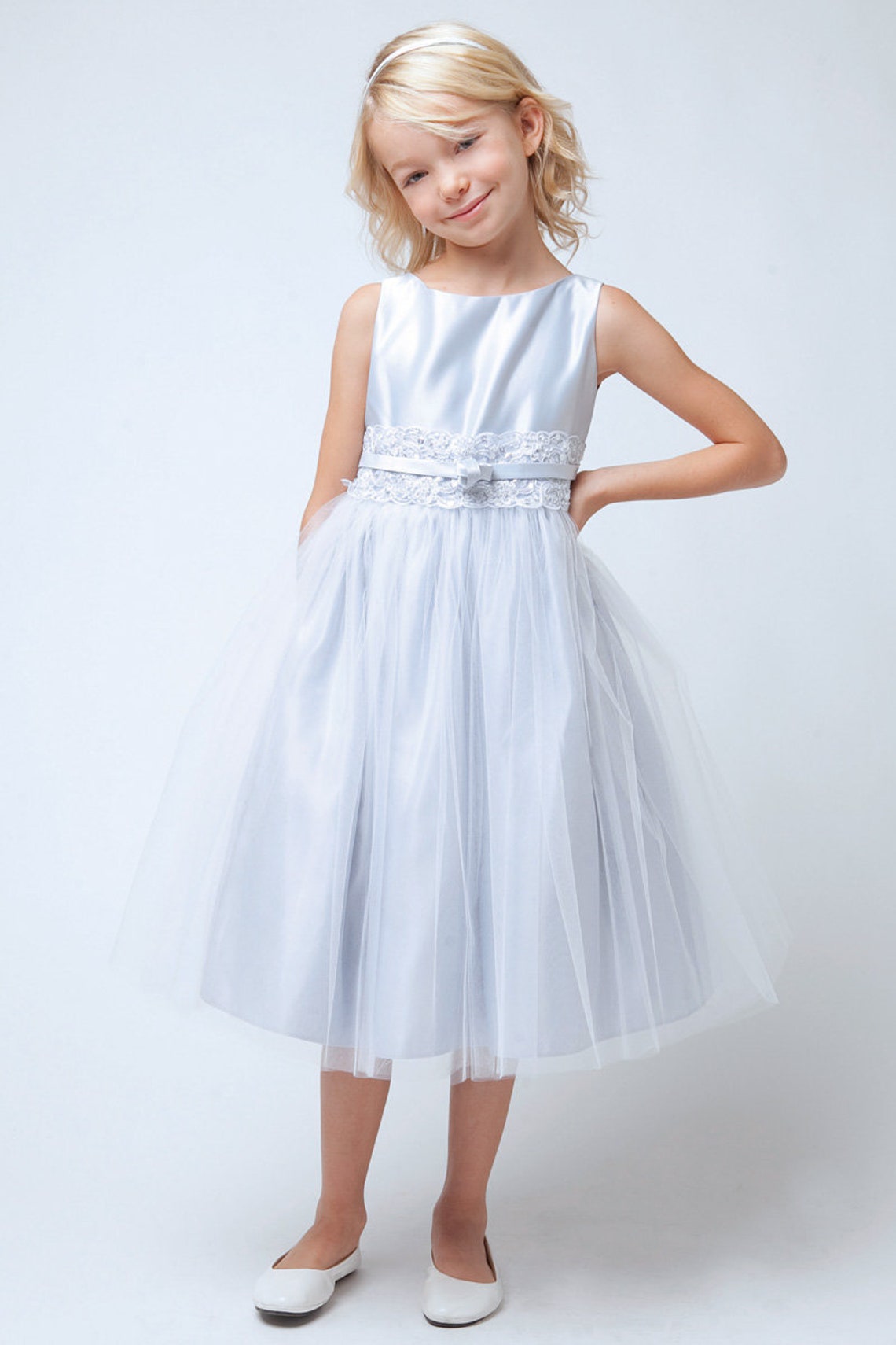 Flower Girl Dress Satin Dress With Metallic Trim on the Waist | Etsy