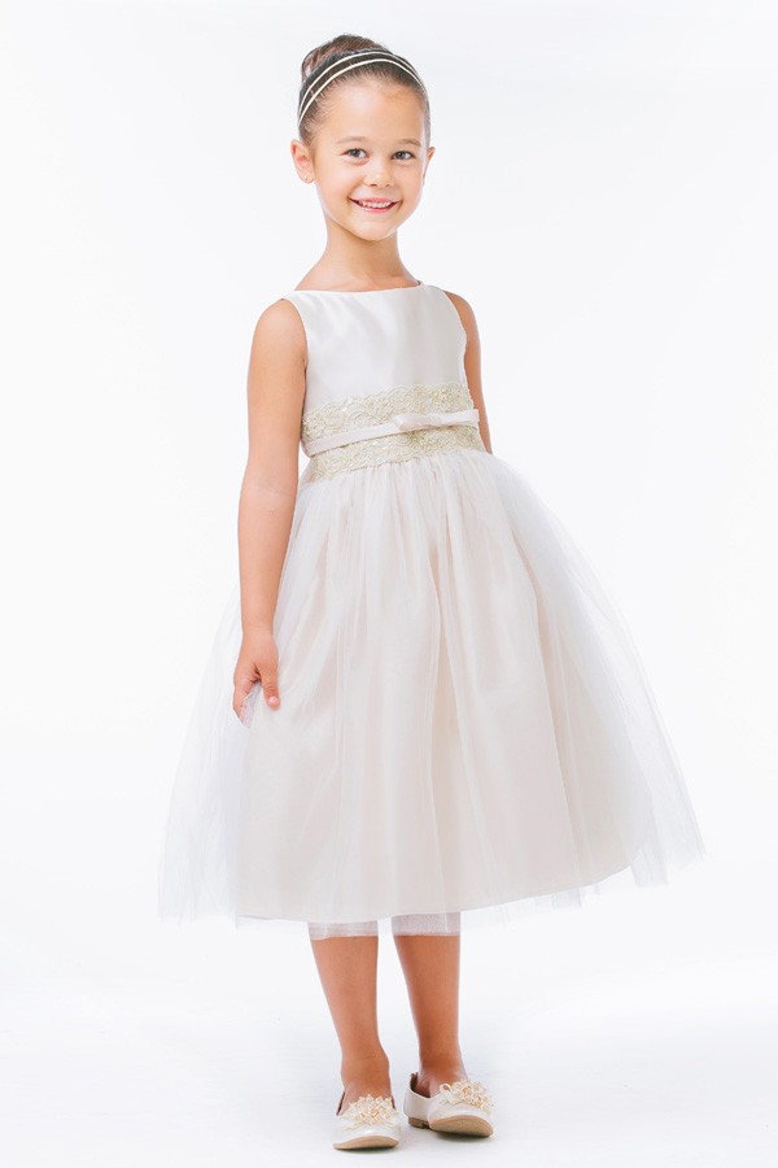 Flower Girl Dress Satin Dress With Metallic Trim on the Waist Etsy