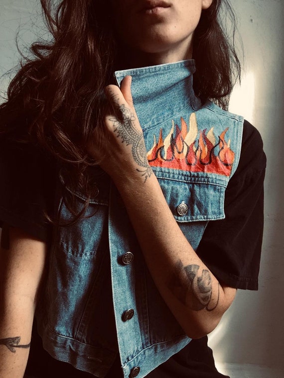 Giacca jeans in denim vintage con fiamme dipinte | Etsy Italia