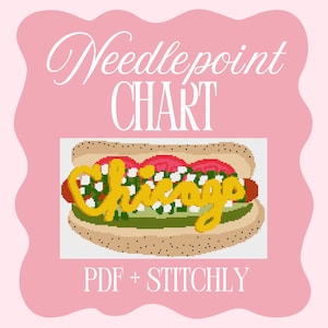 Puede incluir: Un patrón de punto de cruz con un fondo rosa que presenta una imagen pixelada de un hot dog al estilo Chicago. La palabra "Chicago" es amarilla, y también se incluye el texto "Needlepoint CHART" y "PDF + STITCHLY".