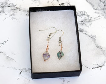 Fluorite Octahedron Sterling Silver Dangle Earrings