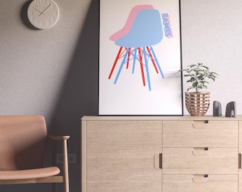 May include: A framed print of two blue and pink chairs with red and blue legs. The chairs are stacked on top of each other. The print has the word "EAMES" written in red letters on the right side.
