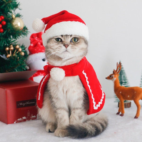 Joyful Christmas Costume for Cats and Small Dogs - Festive Hat and Cloak Set, pet clothing, cat supplies, pet supplies