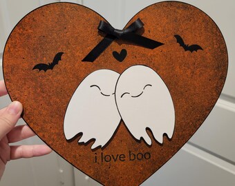 I Love Boo Hand Painted Ghost Heart Sign Spooky Halloween Decor Gift for Her