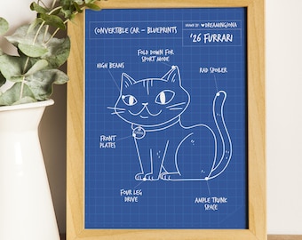 Funny Cat Furrari Car Blueprint Art Print - Cat Lover Gift