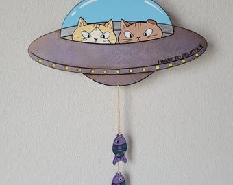 Silly UFO Alien Cats Abducting Fish Hand-painted Wooden Sign Funny Gift for Cat People