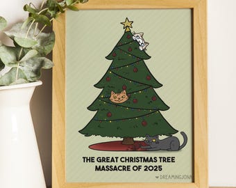 Funny Christmas Holiday Cat Art Print Silly Chaos Gift for Cat Lovers