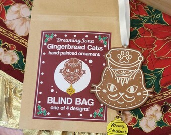 Gingerbread Cats Blind Bag Ornament Hand-painted Holiday Mystery Gift for Cat People