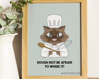 Silly Chef Cat Art Print Kitchen Decor Funny Baker Cat Lover Gift